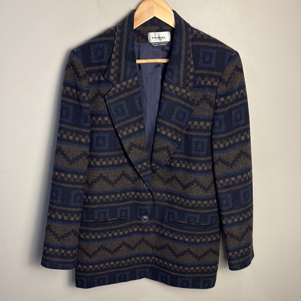 Tribal Navy Blue Brown Aztec Greek Wool Blend 2 Button Blazer Lined Women's 8